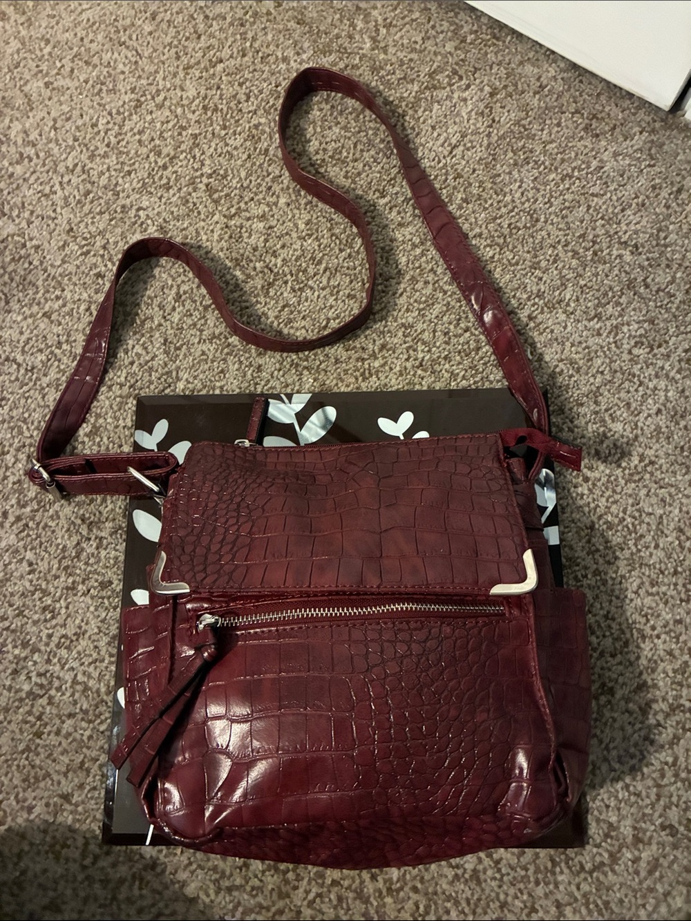 Y2K vintage. Croc-Embossed Burgundy Crossbody Bag with Corner Accents